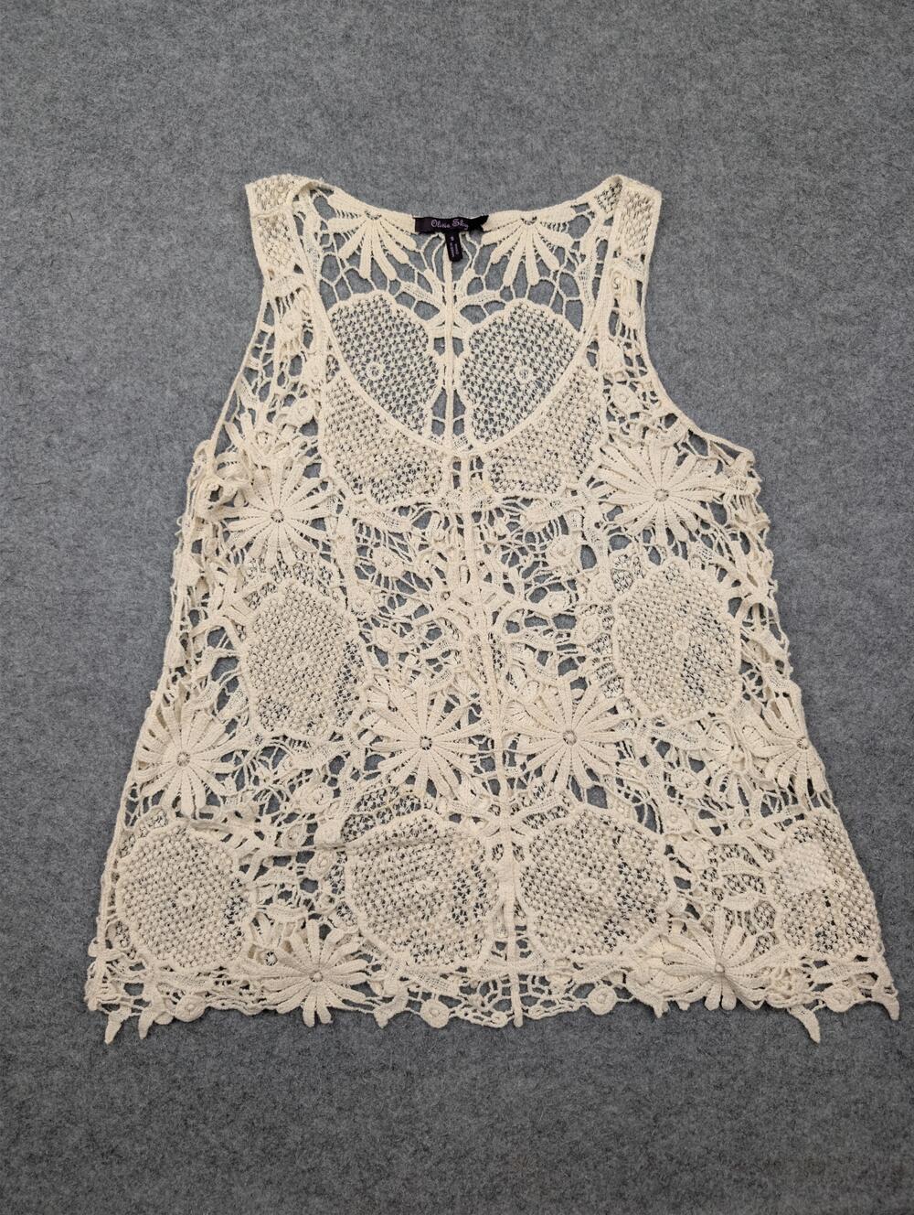 Olivia Sky Tank Top Womens Small White Crochet Floral Scoop Neck Boho Sheer